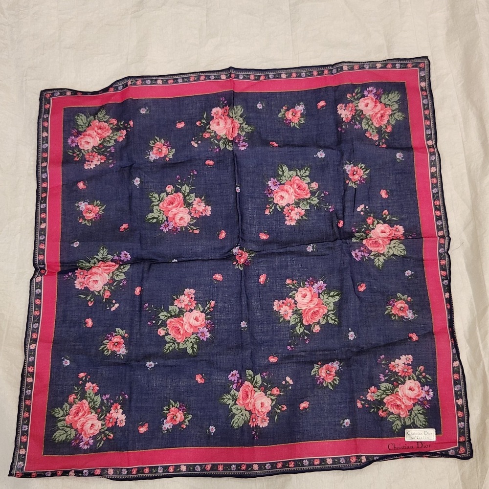 New Christian Dior Floral Handkerchief Scarf Navy Pink Rose Cotton Bandana Bag